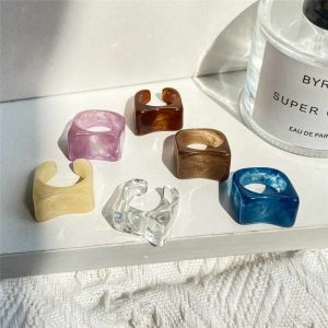 17KM Geometric Square Acrylic Resin Rings Set Girls Irregular Marble Pattern Colorful Transparent Rings for Men and Women